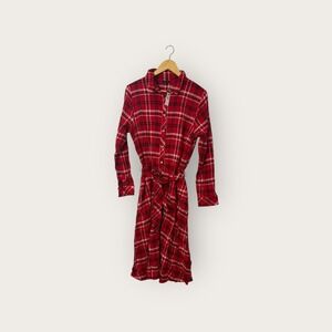 Talbots Women's Red Plaid Flannel Shirt Dress Size 12 Long Sleeve Tie Waist NWT